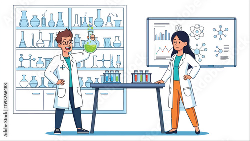 Scientists in Laboratory Vector Illustration – Man and Woman Conducting Experiments for Education and Research