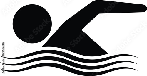 Swimmer icon silhouette, swimming sport symbol, water wave pictogram, aquatic activity logo, black vector illustration, minimal design