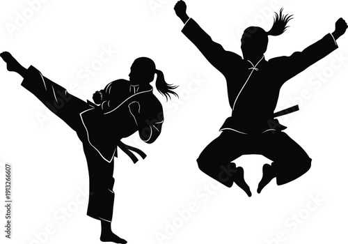 Black silhouette set of female martial artist practicing karate high kick and jumping strike isolated on white background for combat sports illustration.