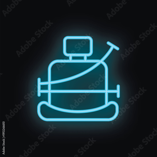 Glowing neon icon of baby car seat, safety equipment for transporting kids by vehicle