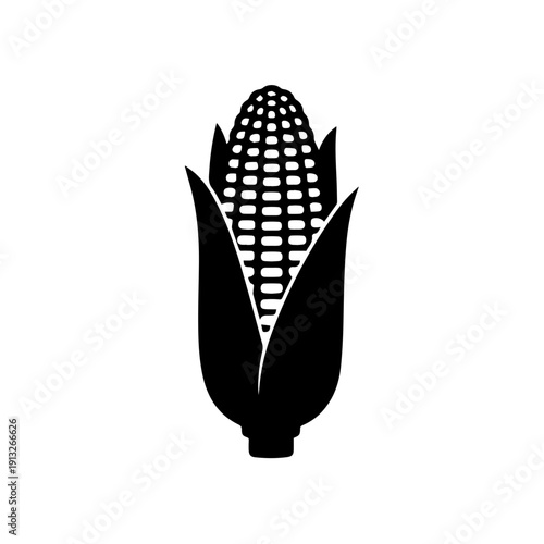 Black and white illustration of a stylized ear of corn with detailed kernels