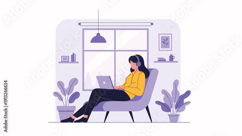 Young woman sitting comfortably in a purple armchair while working on her laptop at home near a large window with plants.