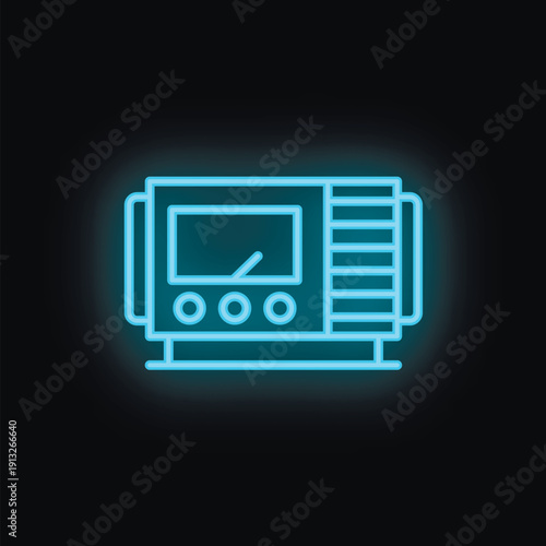 Blue neon icon of a vintage radio receiver, glowing on a black background