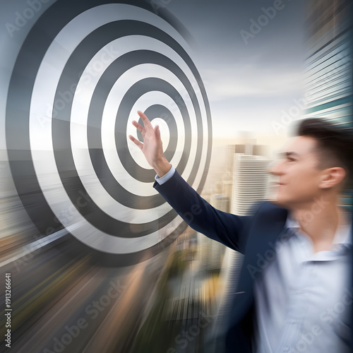 Businessman launching startup rocket icon toward target, representing business growth, innovation, future strategy, goal achievement, and success in digital transformation.