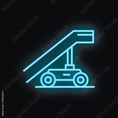 Neon blue icon of passenger boarding stairs used in airports to embark and disembark airplanes