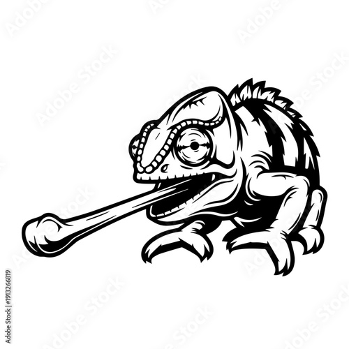 A stylized black and white illustration of a chameleon with a tongue extended