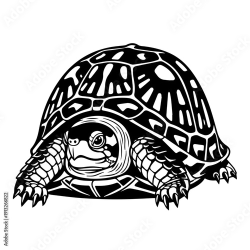 A stylized black and white illustration of a smiling tortoise peeking out of its shell
