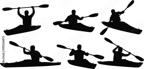 PrintBlack silhouette set of professional kayaker paddling in kayak on river water isolated on white background for adventure sports and outdoors illustration.