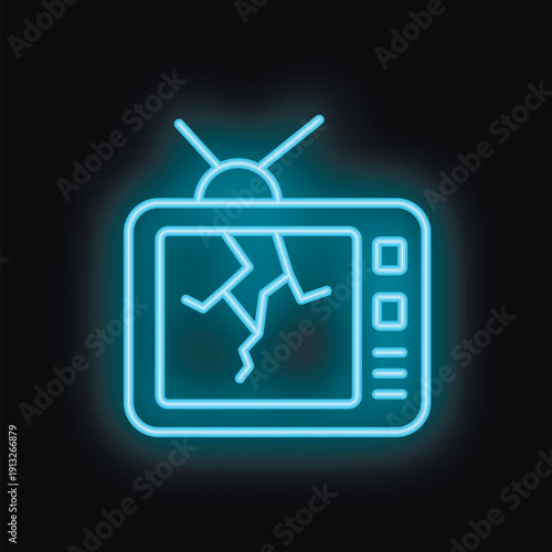 Neon blue glowing outline of a broken television set on a black background