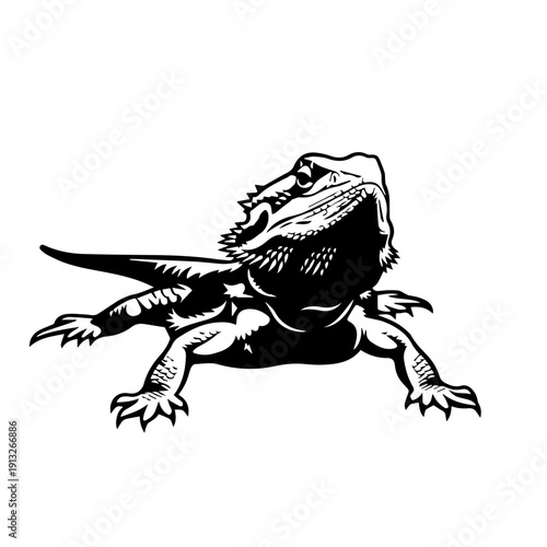 A detailed black and white illustration of a bearded dragon in a dynamic pose.