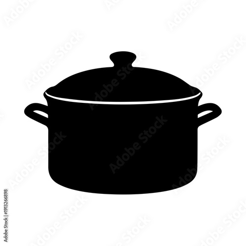 A black stock pot with a lid and knob on top