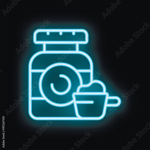 Glowing blue neon icon of whey protein powder in jar with measuring scoop on black background