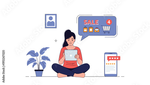 Happy woman sitting cross-legged while using a digital tablet for online shopping with sale notifications and product icons.