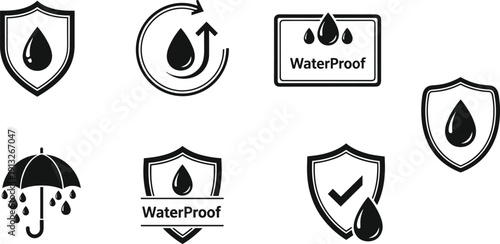 Waterproof protection icon set with shield, droplet, umbrella, and guarantee symbols for water resistant product labeling
