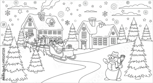 Santa Claus riding sleigh with reindeer in winter village black and white coloring page vector illustration