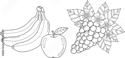 Banana apple and grapes with leaves flowers black and white line art vector illustration setBanana apple and grapes with leaves flowers black and white line art vector illustration set