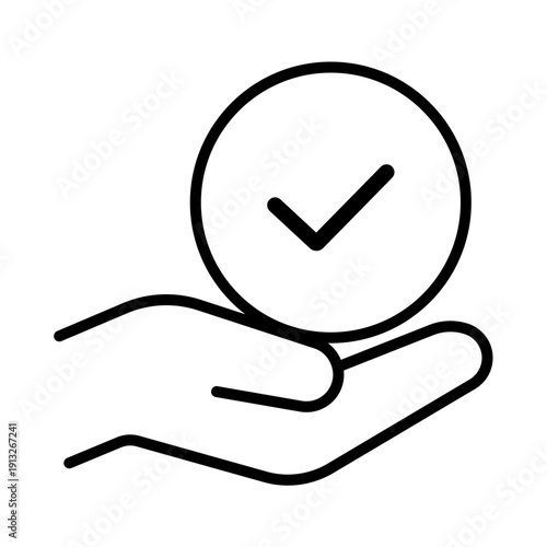 手の上のチェックマーク　承認・完了を表すアイコン　モノクロ