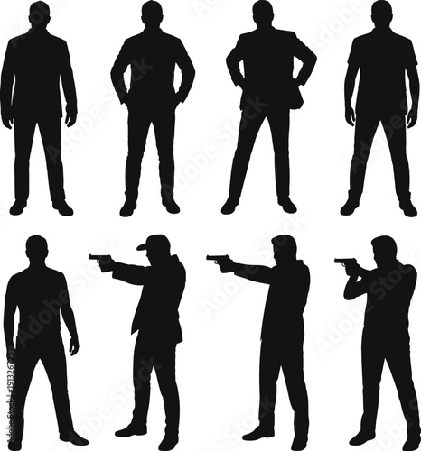 Secret agent silhouette collection, spy action male characters set, detective mission poses, security operative figures, black flat vector illustration