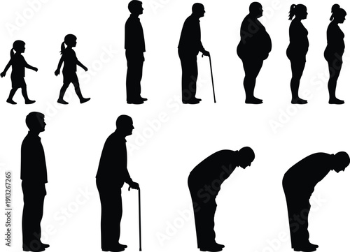 Black silhouette stages of human life from childhood to old age, aging progression vector illustration showing posture, mobility and physical 
