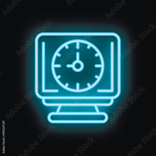 Neon blue clock showing time on computer screen icon on black background