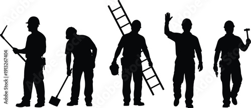 Black silhouette vector illustration of construction workers with tools, hard hats, ladder, shovel, hammer, diverse poses, industrial labor artwork design