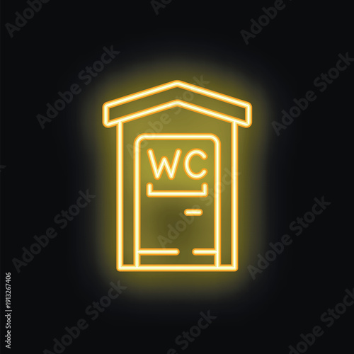 Bright yellow neon public toilet sign glowing in the dark