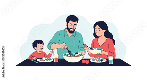 Happy family consisting of a father, mother, and young son enjoys a healthy meal of salad and juice together at a dark dining table at home.