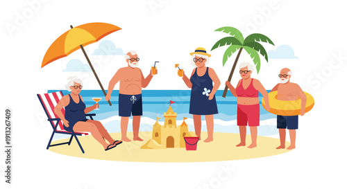 Group of active senior people enjoy a sunny day at the beach while relaxing, swimming, and building a sandcastle under a bright sun umbrella.