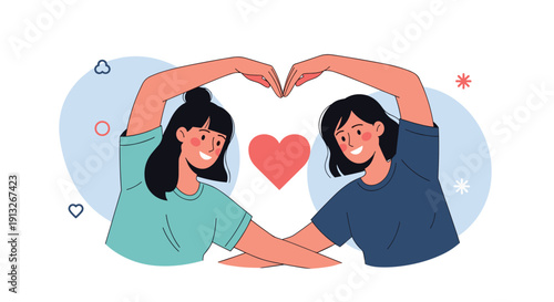 Two smiling women stand together and use their arms to form a large heart shape around a smaller red heart on a soft blue background area.