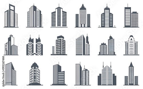 Modern city building icons set features silhouettes of skyscrapers, office towers, and urban architecture, presented in a minimal black and white illustration style. This collection encompasses design