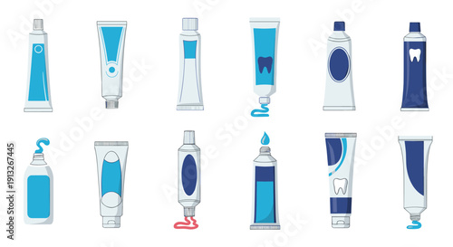 Collection of various toothpaste tubes in different shapes and shades of blue for dental hygiene and oral care products.