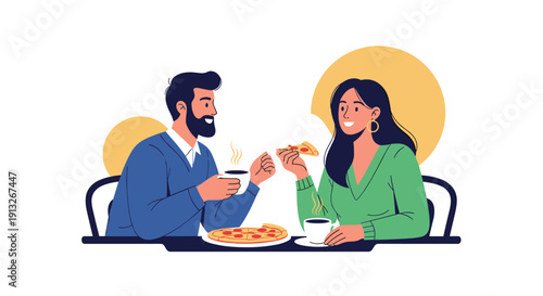 Happy couple enjoying a pizza dinner and drinking coffee together while sitting at a restaurant table in a flat vector style.