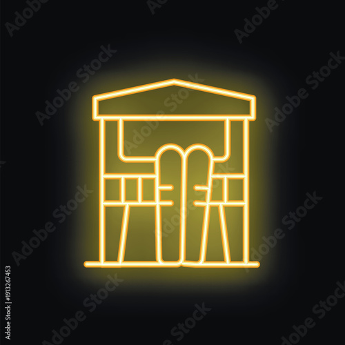 Yellow glowing neon sign representing a ski room with skis and poles on black background