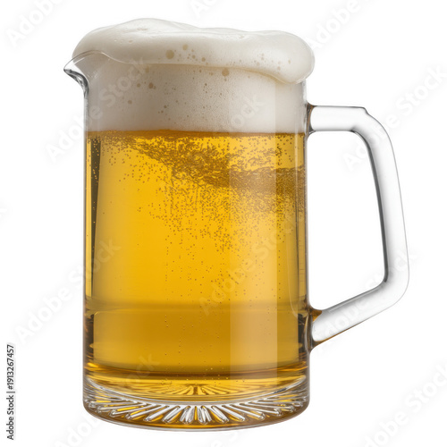 Tall glass pitcher filled with beer frothy drink isolated on a transparent background