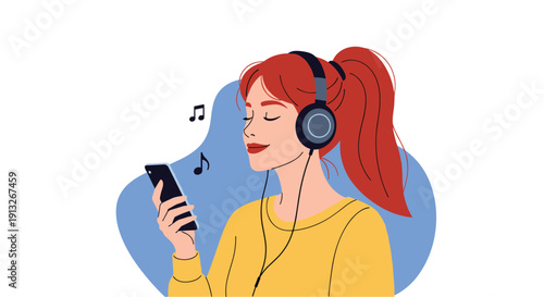 Young woman with red hair listening to music with headphones and using her smartphone on a blue background illustration.