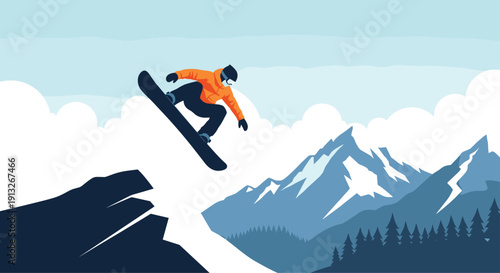 Snowboarder performing a high jump from a snowy mountain peak against a backdrop of blue mountains and white winter clouds.