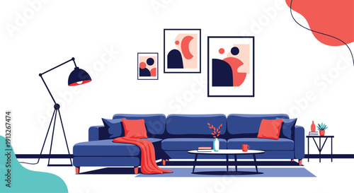 Modern living room interior design featuring a blue sectional sofa, red pillows, coffee table, and stylish abstract wall art.