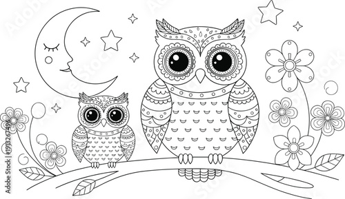 Cute owl family sitting on branch with moon stars flowers black and white coloring page vector illustration