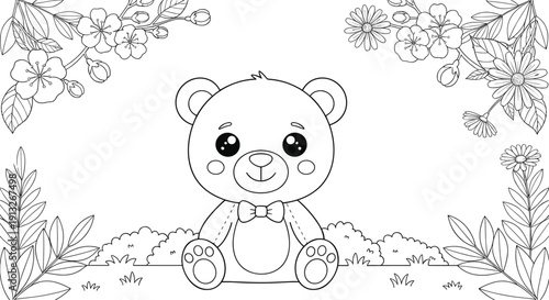 Cute teddy bear sitting in garden with flowers leaves black and white coloring page vector illustration