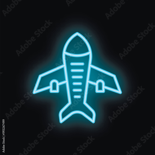 Blue neon icon of an airplane taking off on a black background, representing concepts like travel and tourism