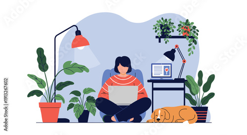 Focused person sitting on the floor working on a laptop in a cozy home environment with lamps, many plants, and a sleeping dog.