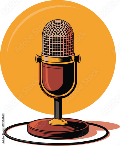 Professional studio condenser microphone illustration with warm yellow circular background.