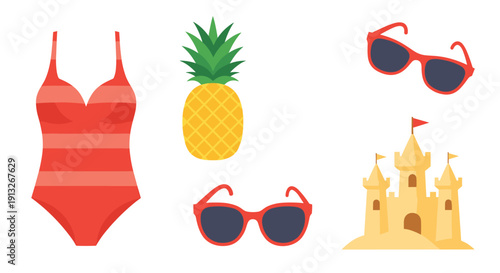 Set of summer beach essentials including a red striped swimsuit, pineapple, sunglasses, and a sandcastle with flags.