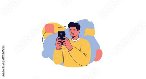 Young man using smartphone to send messages with colorful speech bubbles in background symbolizing digital communication.