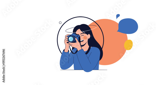 Smiling woman holding professional camera taking photos with decorative shapes and speech bubbles in minimalist background.
