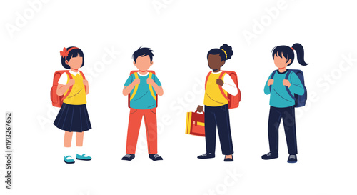 Group of diverse school children standing together with backpacks ready for class in a flat vector illustration style.