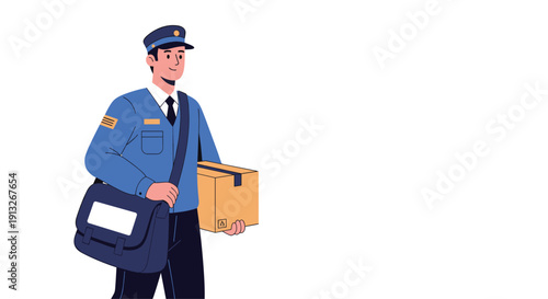 Postman in blue uniform walking while carrying a large cardboard package and shoulder mail bag for delivery services.