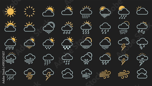 Comprehensive set of weather forecast icons representing sunny, cloudy, rainy, snowy, and windy conditions on a dark background.