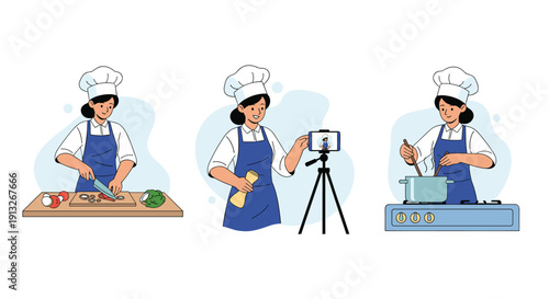 Female chef demonstrating cooking techniques by cutting vegetables, recording with a phone, and stirring a pot on stove.