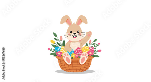Cute easter bunny waving from a wicker basket filled with colorful decorated eggs and spring flowers in flat style.